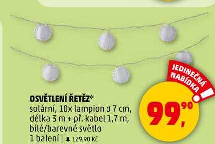 OSVĚTLENÍ ŘETĚZ solární, 10x lampion 0 7 cm, délka 3 m + př. kabel 1,7 m, bílé/barevné světlo, 1 balení  