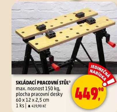 SKLÁDACÍ PRACOVNÍ STŮL, max. nosnost 150 kg, plocha pracovní desky 60 x 12 x 2,5 cm, 1 ks  