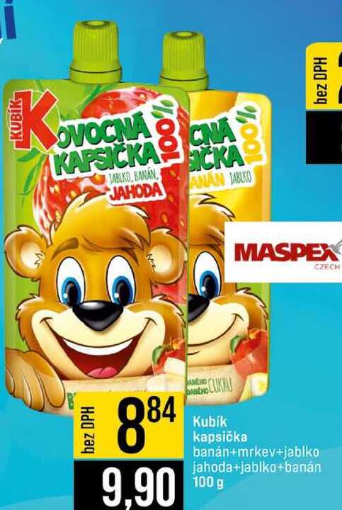 Kubík kapsička banán+mrkev+jablko jahoda+jablko+banán 100g