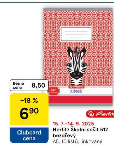 Herlitz Školní sešit 512 bezdřevý, A5, 10 listů, linkovaný 