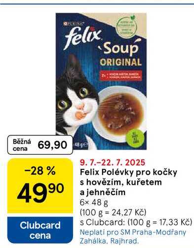 Felix Polévky pro kočky s hovězím, kuřetem a jehněčím, 6x 48 g  