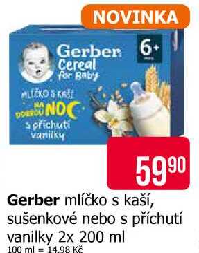 Gerber mlíčko s kaší, sušenkové nebo s příchutí vanilky 2x 200 ml 