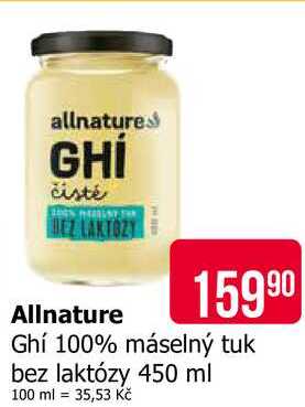 Allnature Ghí 100% máselný tuk bez laktózy 450 ml