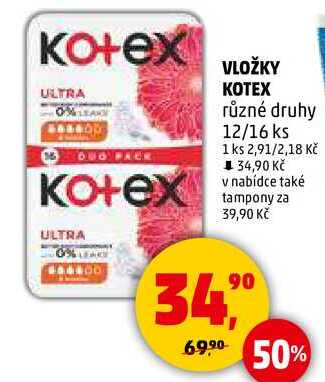 VLOŽKY KOTEX různé druhy, 12/16 ks 