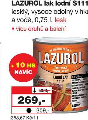 LAZUROL lak lodní S111 lesklý, vysoce odolný vlhku a vodě, 0,75 I, lesk
