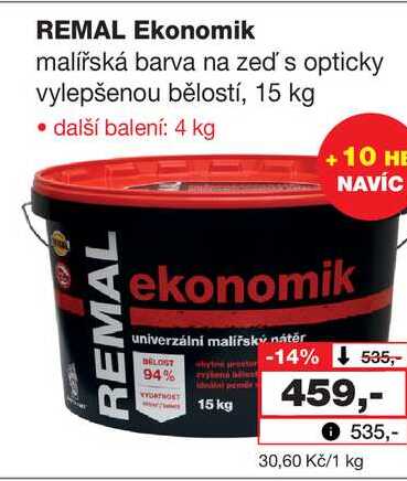 REMAL Ekonomik malířská barva na zeď's opticky vylepšenou bělostí, 15 kg 