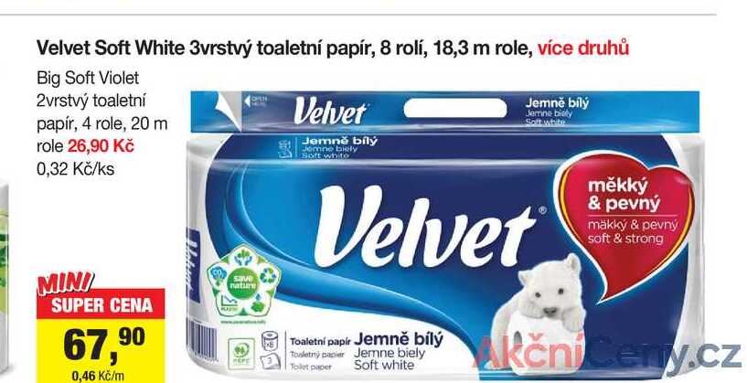 Velvet Soft White 3vrstvý toaletní papír, 8 rolí, 18,3 m 