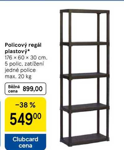 Policový regál plastový, 176 x 60 x 30 cm. 5 polic, zatížení jedné police max. 20 kg  