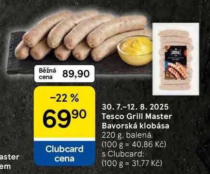 Tesco Grill Master Bavorská klobása, 220 g, balená 