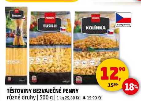 TĚSTOVINY BEZVAJEČNÉ PENNY různé druhy, 500 g  