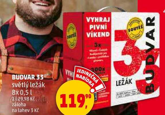 BUDVAR 33 světlý ležák, 8x 0,5 l