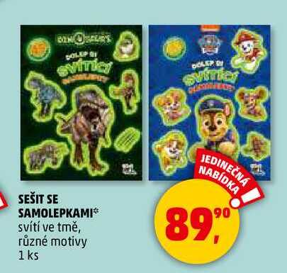 SEŠIT SE SAMOLEPKAMI svítí ve tmě, různé motivy, 1 ks 
