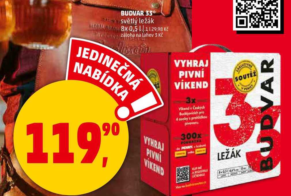 BUDVAR 33 světlý ležák, 8 x 0,5 l