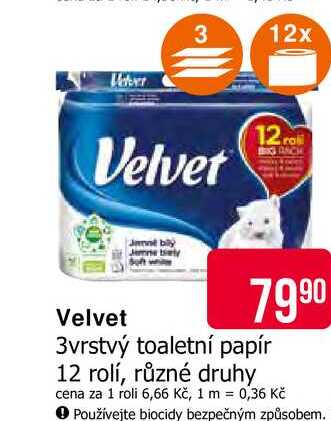 Velvet 3vrstvý toaletní papír 12 rolí, různé druhy 