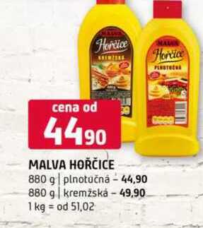 MALVA HOŘČICE 880 g plnotučná 880 g kremžská 