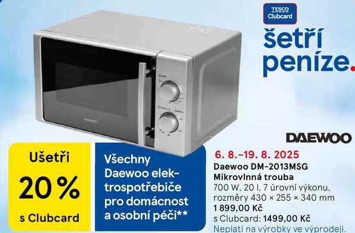 Daewoo DM-2013MSG Mikrovlnná trouba 700 W, 20 1, 7 úrovní výkonu, rozměry 430 x 255 × 340 mm  