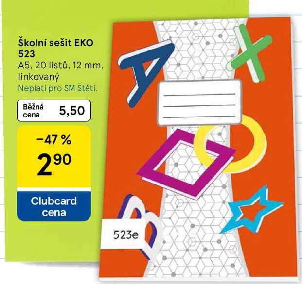 Školní sešit EKO 523, A5. 20 listů, 12 mm. linkovaný  