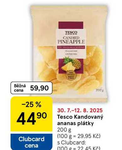 Tesco Kandovaný ananas plátky, 200 g 