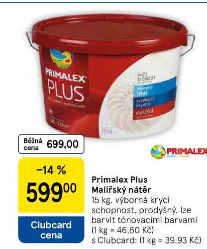 Primalex Plus Malířský nátěr, 15 kg, výborná krycí schopnost, prodyšný. Ize barvit tónovacími barvami  