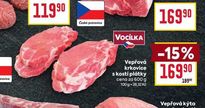 Vepřová krkovice s kostí plátky cena za 600 g 