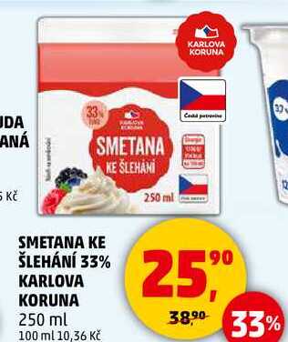 SMETANA KE ŠLEHÁNÍ 33% KARLOVA KORUNA, 250 ml  