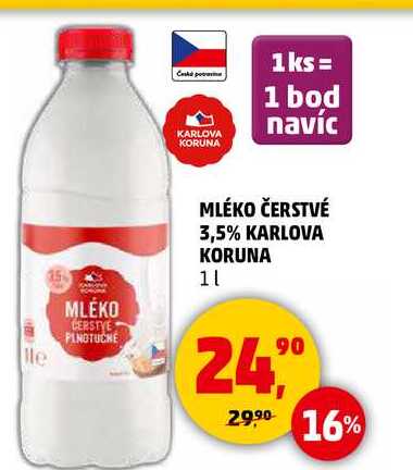 MLÉKO ČERSTVÉ 3,5% KARLOVA KORUNA, 1 l 