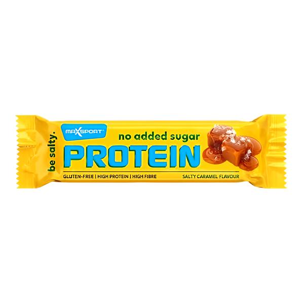 Max Sport  Proteinová tyčinka s příchutí slaného karamelu v mléčné čokoládě se sladidlem.
