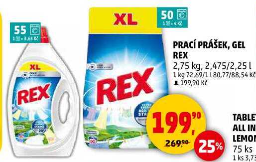 PRACÍ PRÁŠEK, GEL REX, 2,75 kg, 2,475/2,25 l