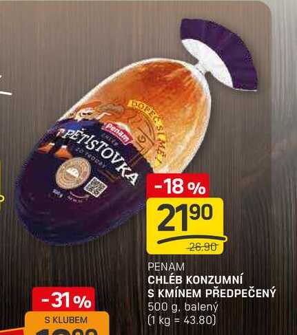 CHLÉB KONZUMNÍ S KMÍNEM PŘEDPEČENÝ 500 g