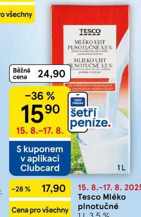 Tesco Mléko plnotučné, 1 l