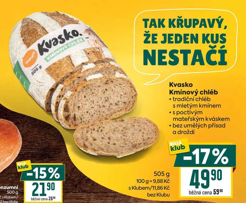 Kvasko Kmínový chléb tradiční chléb s mletým kmínem  s poctivým mateřským kváskem bez umělých přísad a droždí 500 g 
