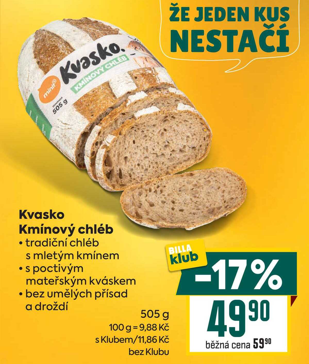 Kvasko Kmínový chléb tradiční chléb s mletým kmínem s poctivým mateřským kváskem bez umělých přísad a droždí 505 g 
