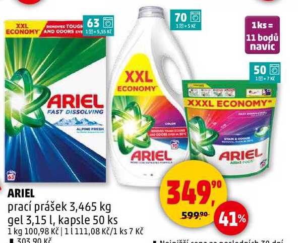 ARIEL prací prášek, 3,465 kg, gel 3,15 l, kapsle 50 ks 