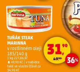 TUŇÁK STEAK MARINNA v rostlinném oleji, 185/140 g 