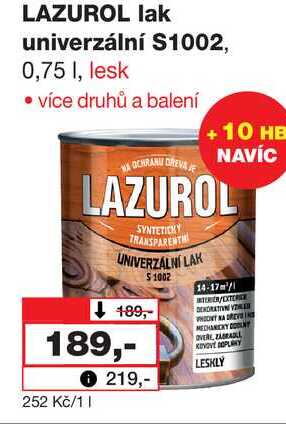 LAZUROL lak univerzální S1002, 0,75 I, lesk