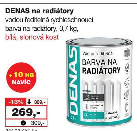 DENAS na radiátory vodou ředitelná rychleschnoucí barva na radiátory, 0,7 kg, bílá, slonová kost