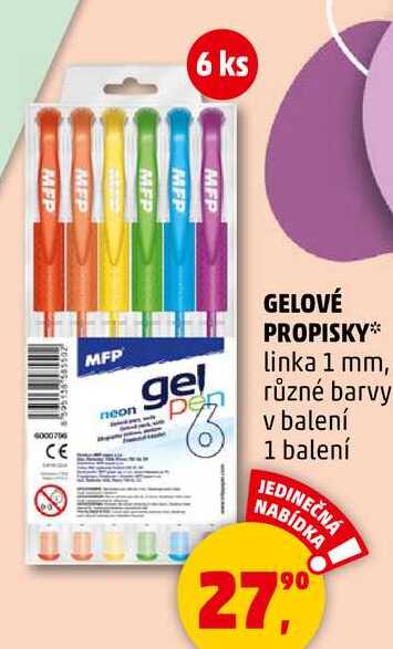 GELOVÉ PROPISKY linka 1 mm, různé barvy v balení, 1 balení