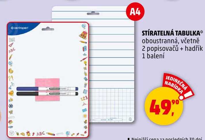 STÍRATELNÁ TABULKA oboustranná, včetně 2 popisovačů + hadřík, 1 balení  