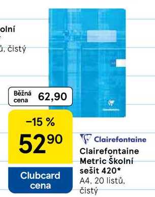 Clairefontaine Metric Školní sešit 420, A4, 20 listů. čistý 