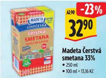 Madeta Čerstvá smetana 33%, 250 ml 