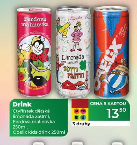Drink Čtyřlístek dětská limonáda 250ml, Ferdova malinovka 250ml, Obelix kids drink 250ml 