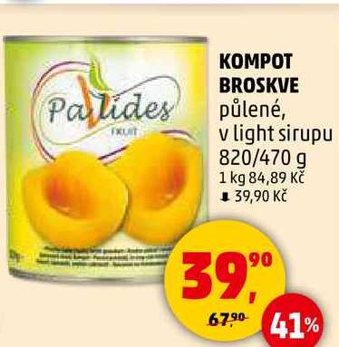 KOMPOT BROSKVE půlené, v light sirupu, 820/470 g 