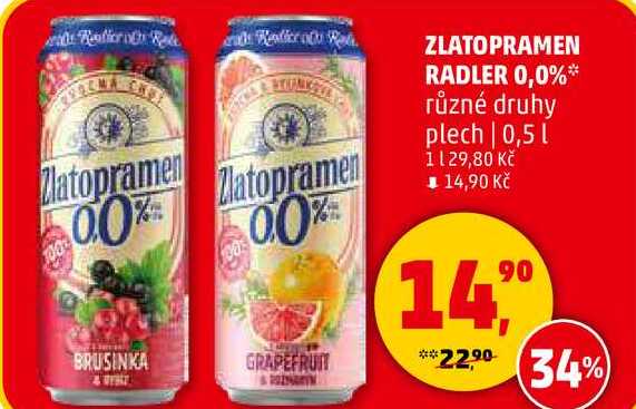 ZLATOPRAMEN RADLER 0,0% různé druhy plech, 0,5 l