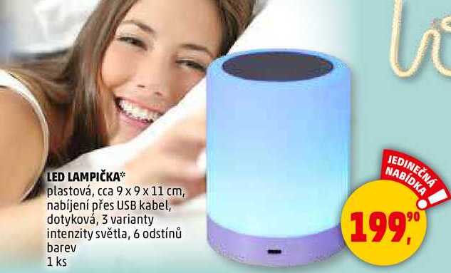 LED LAMPIČKA plastová, cca 9 x 9 x 11 cm, nabíjení přes USB kabel, dotyková, 3 varianty intenzity světla, 6 odstínů barev, 1 ks  