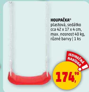 HOUPAČKA plastová, sedátko cca 42 x 17 x 4 cm, max. nosnost 40 kg, různé barvy, 1 ks
