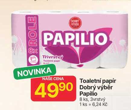 Toaletní papír Dobrý výběr Papilio 8 ks, 3vrstvý