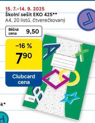 Školní sešit EKO 425, A4, 20 listů, čtverečkovaný  