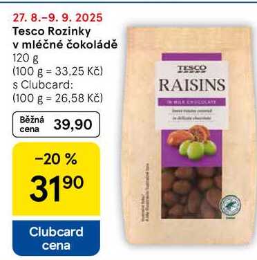 Tesco Rozinky v mléčné čokoládě, 120 g  