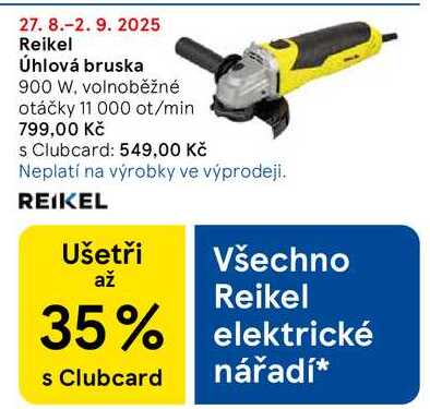 Reikel Úhlová bruska 900 W, volnoběžné otáčky 11 000 ot/min