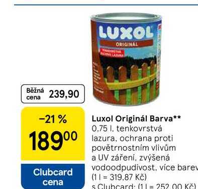 Luxol Originál Barva, 0.75 l, tenkovrstvá lazura, ochrana proti povětrnostním vlivům a UV záření, zvýšená vodoodpudivost, více barev 